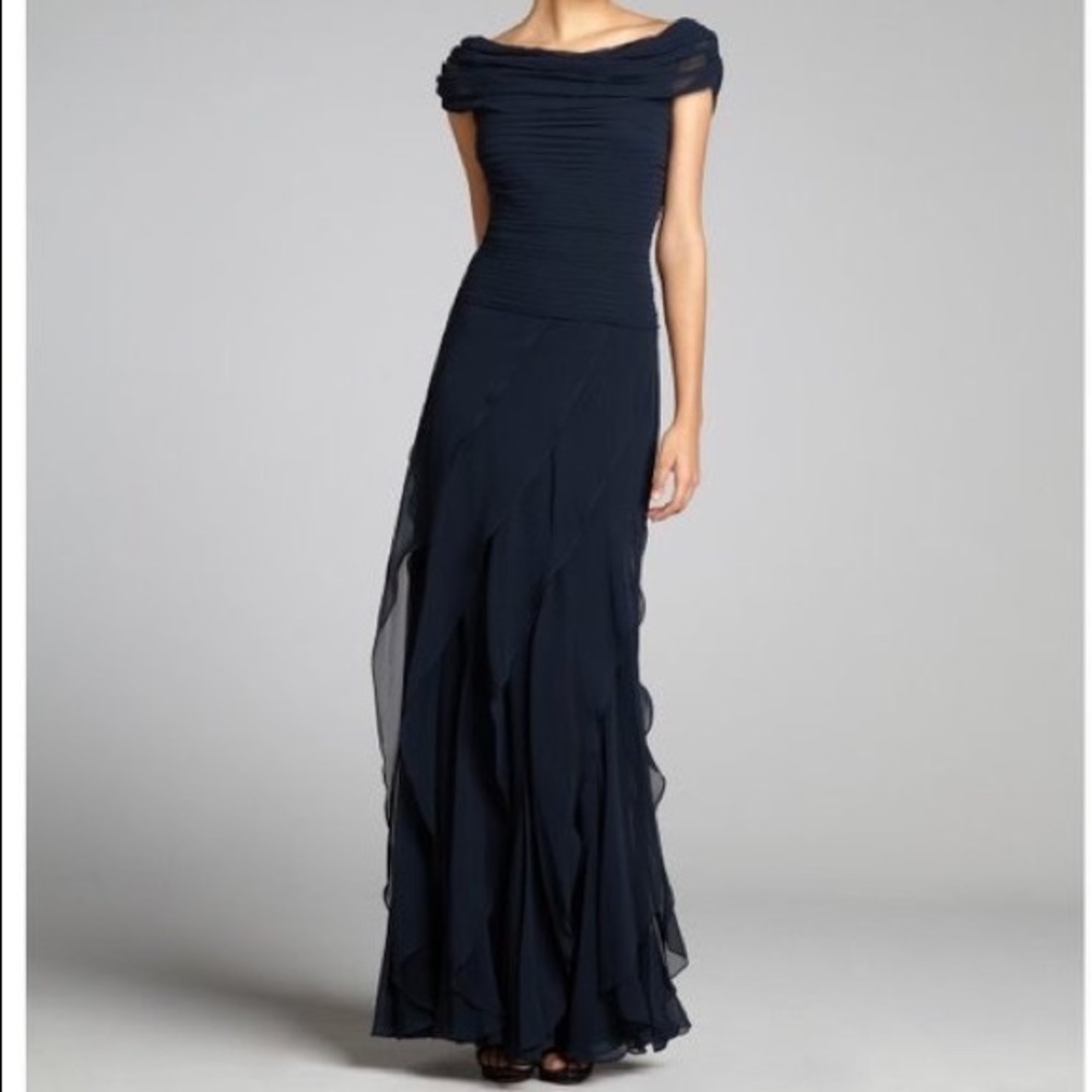 Tadashi Shoji Navy Blue Flowy Ruffle Evening Dress